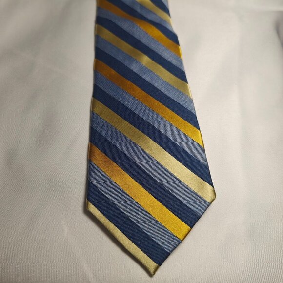 Express Gold & Navy Stripe 100% Silk Men's Neck Tie - Picture 1 of 4
